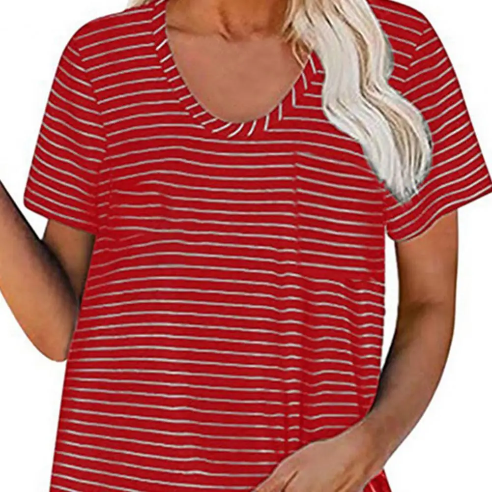 

Summer T-shirt For Women Short Sleeve Stripes Tee Tops Women O Neck Pocket Loose T Shirts for Femme
