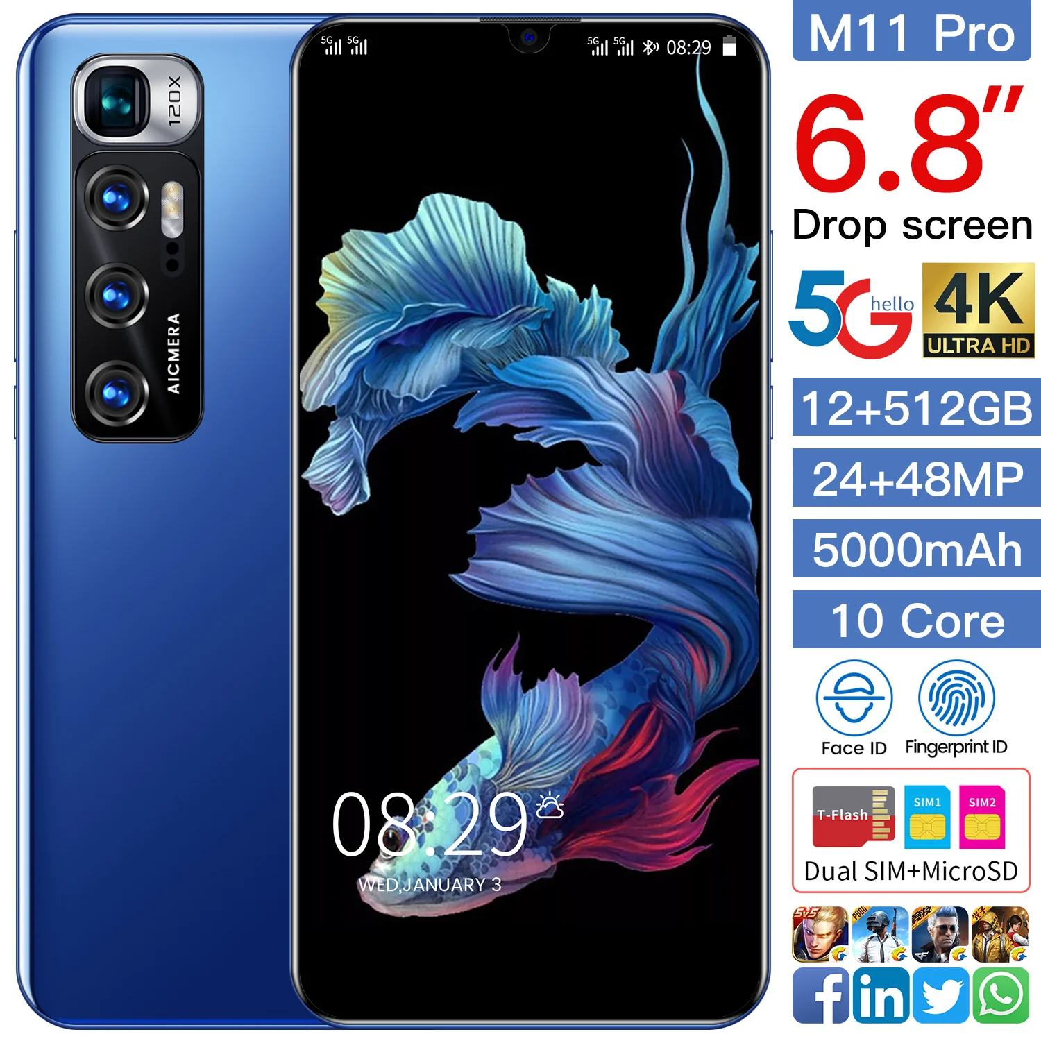 

Global Version M11 pro 6.8 Inch HD Full Screen 8+256GB 5000mAh 5G Snapdragon 888 Bands Fingerprint Unlock Face ID Smartphones