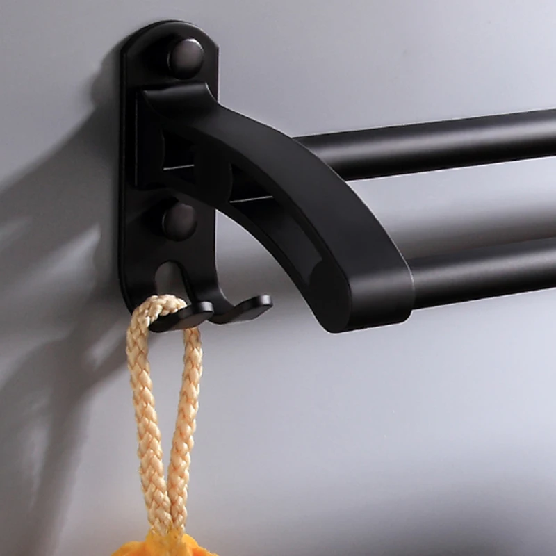 

Bathroom Black Towel Rack Wall Mount Black Finish Space Aluminum Double Towel Bar with Hook Double Bar Shower Accessories