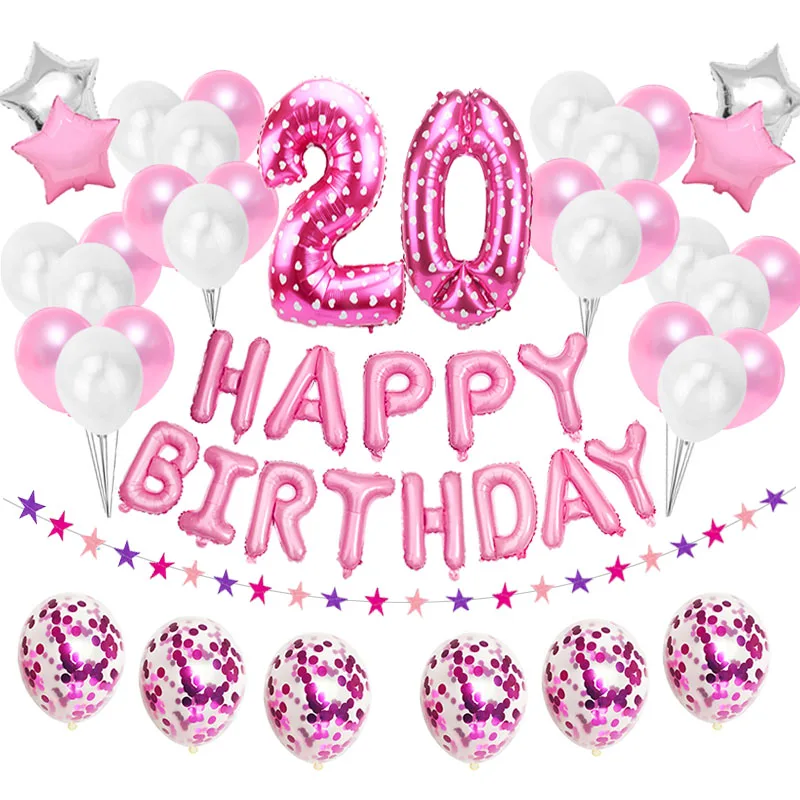 38pcs 32inch Happy 20 Birthday Foil Balloons Rose Gold Blue Pink Number 20th Years Old Adult Party Decorations Man Woman Supplie | Дом и сад