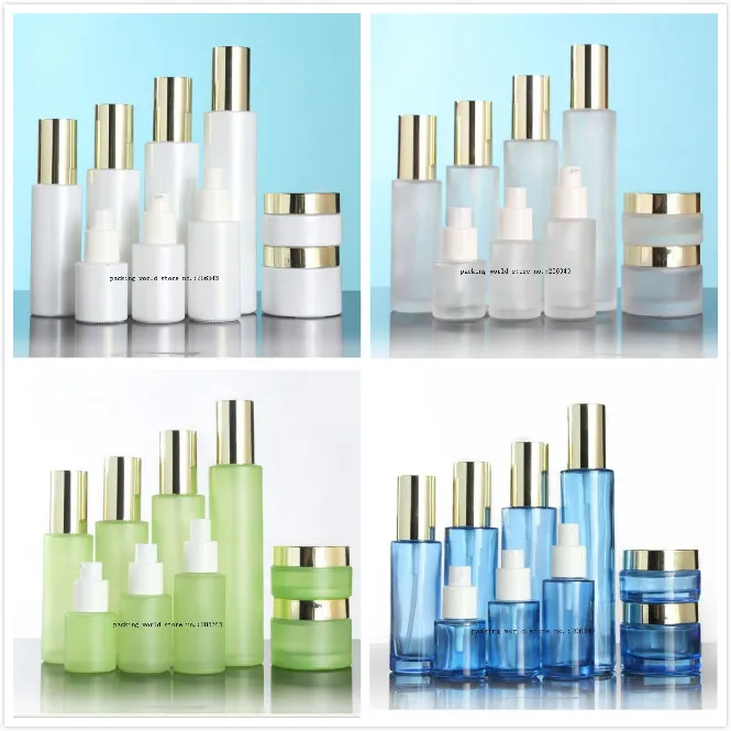 

50G blue/frosted/white/green glass jar/bottle shiny gold lid for essence/eye cream/day cream/moisturizer/gel cosmetic packing