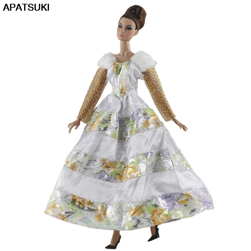 Белые золотые вечерние Платья с цветочным принтом для куклы Барби зимняя одежда