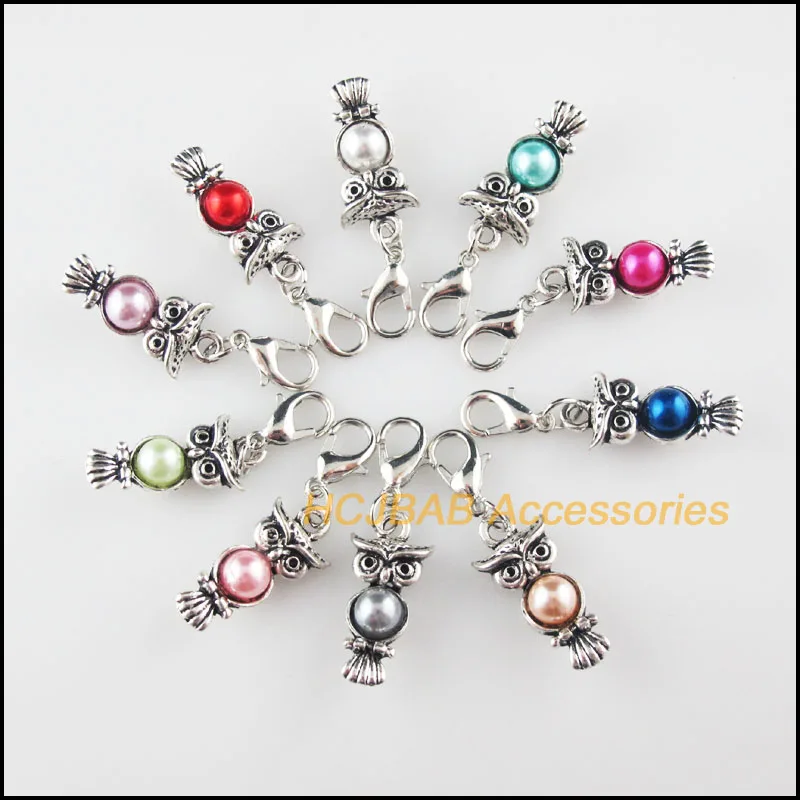 

10Pcs Tibetan Silver Plated Animal Owl Frame Mixed Acrylic Charms Pendants With Lobster Claw Clasps 10.5x22.5mm