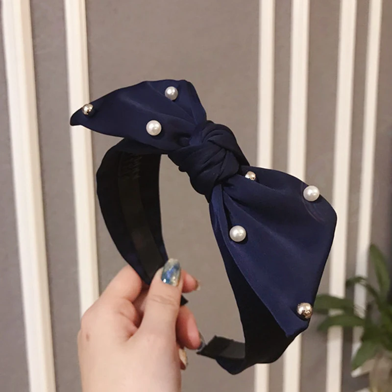 

Fashion Girls Pearl Bow Hairbands Non-Slip Teeth Knot Headbands For Girls Cloth Wide Side Hair Hoop Women Hair Accessories