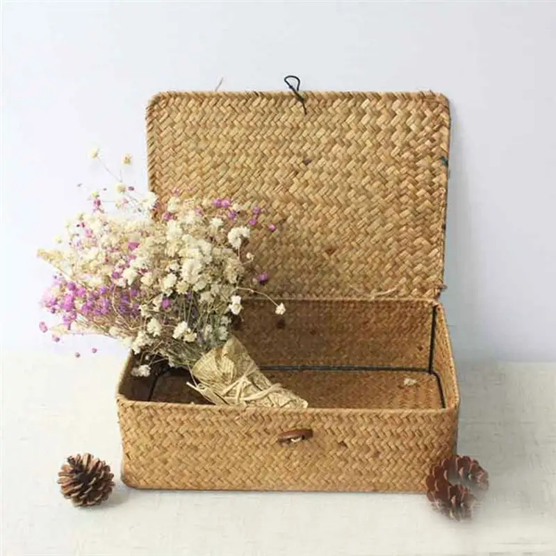 Тканая корзина из травы коробка для хранения косметики чехол с крышкой спальни