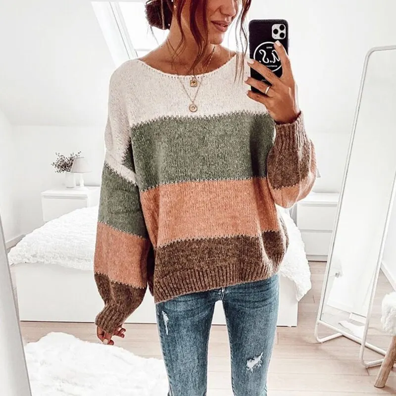

Colorblock Striped Long Sleeve Pullovers Sweater 2020 New Female Elegant O-neck Winter Warm Sweater Top Sexy Female Clothes