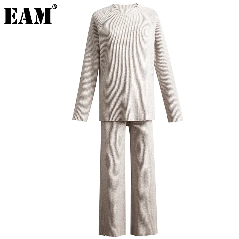 

[EAM] Wide Leg Pants Knitting Two Piece Suit New Round Neck Long Sleeve Black Loose Fit Women Fashion Spring Autumn 2022 1DE4116