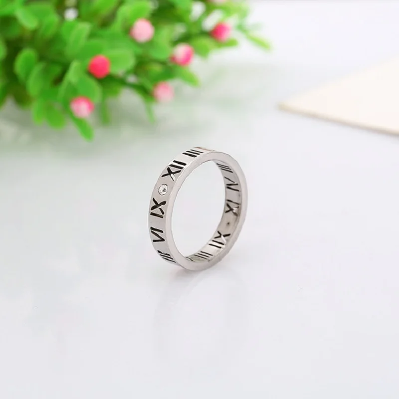 Silver Модные ювелирные изделия элегантный темперамент выдалбливают счастливые римские цифры покрытие из розового золота титановая сталь кольцо - Цвет основного камня: Silver