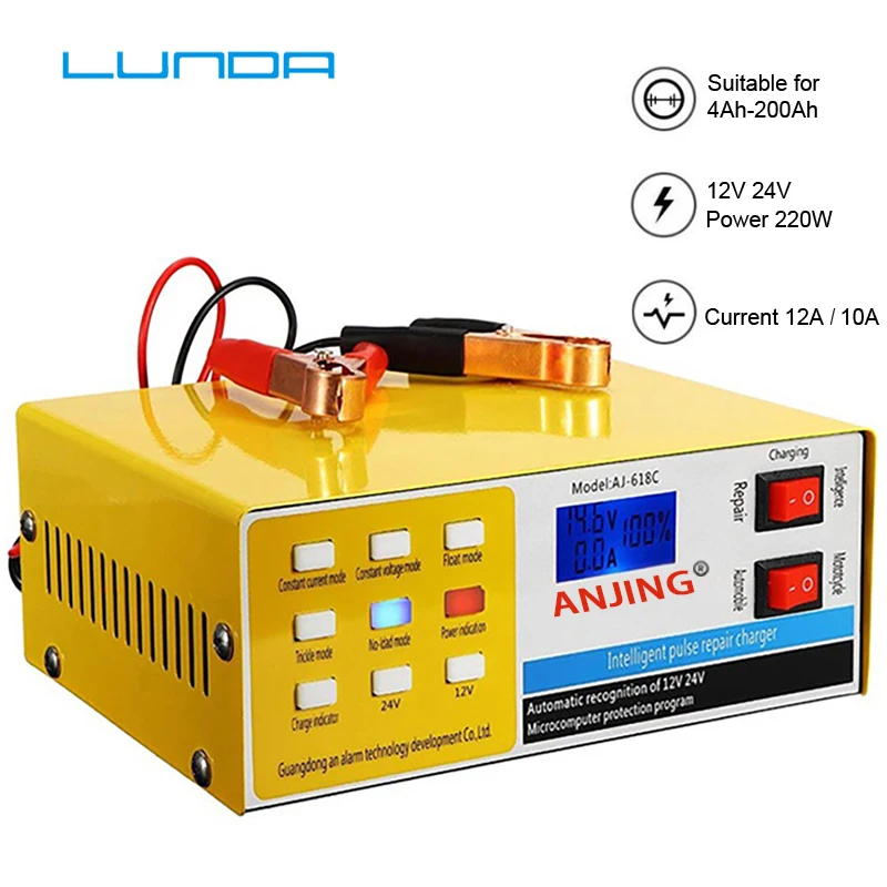 

RU Version 250V 200AH Smart Pulse Automatic Repair 12/24V Car Battery Charger 5 Stage Intelligent Charging For Truck Motorcycle