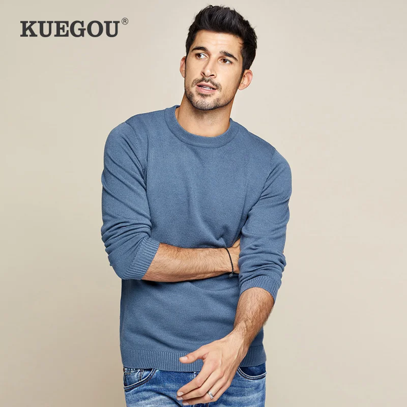 KUEGOU Autumn Winter Man Sweater Pure color Pullovers Men Cothing Fashion Warm Sweaters Slim Men's Top plus size XZ-8922