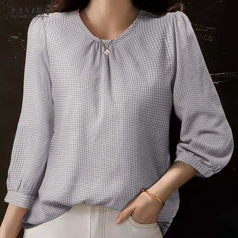 

2022 ZANZEA Spring Elegant Women 3/4 Sleeve Plaid Checked Blouse Casual O Neck Vintage Work Shirt Female Loose Blusas Tunic Tops