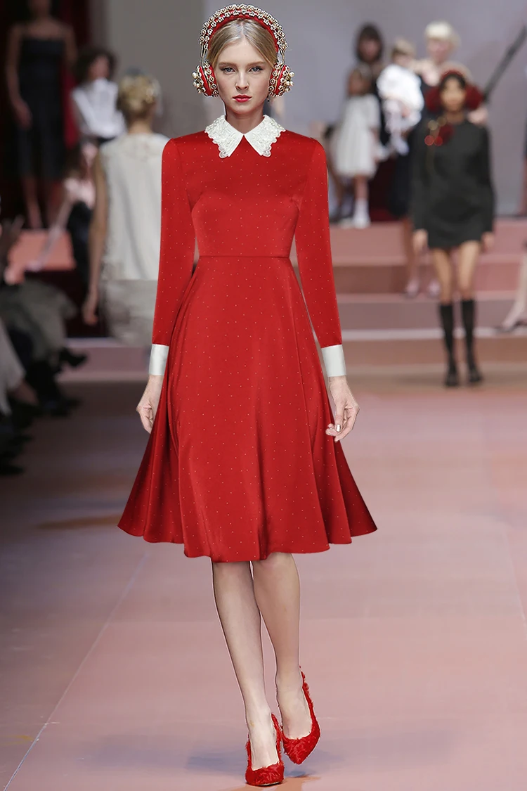 

Fashion Designer dress Spring Summer Women's Dress Beaded turn-down collar Long sleeve Dots Slim Elegant Dresses