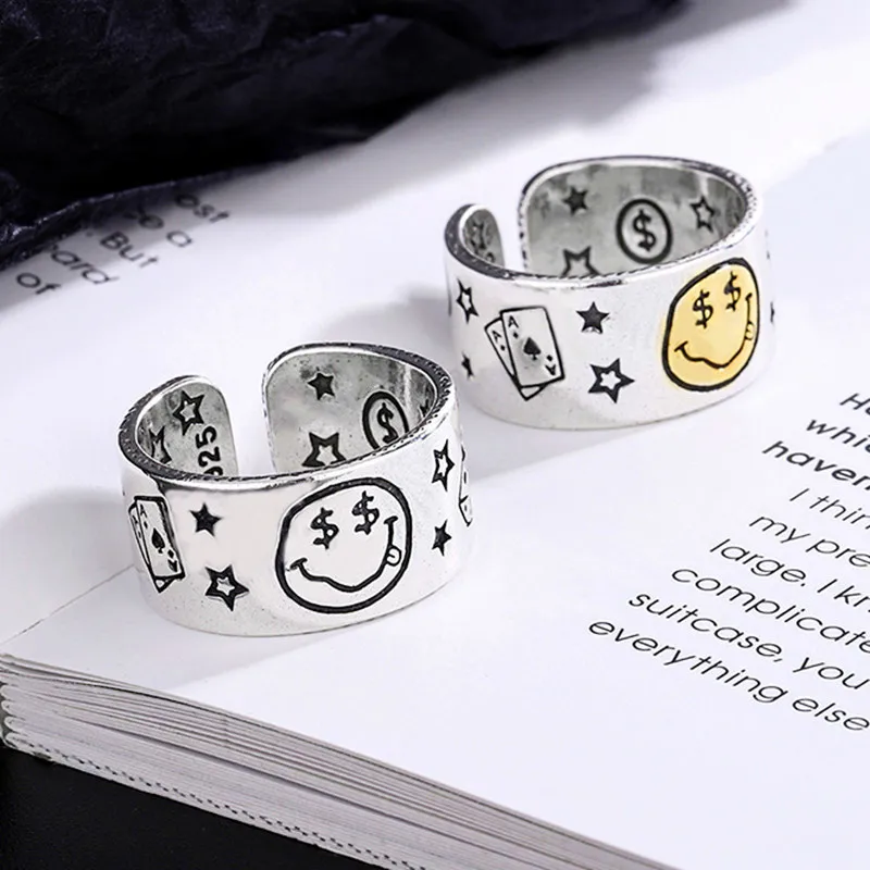 Женское серебряное кольцо со смайликом и звездами | Украшения аксессуары