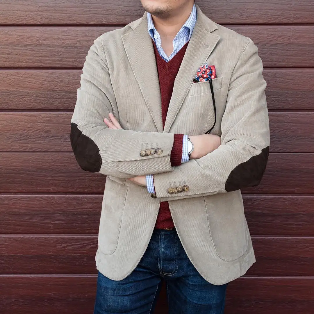 

(Jacket+Pants) England Style Corduroy 2 Piece Groom Tuexdos For Wedding Formal Prom Suit Party Evening Blazer Custom Made