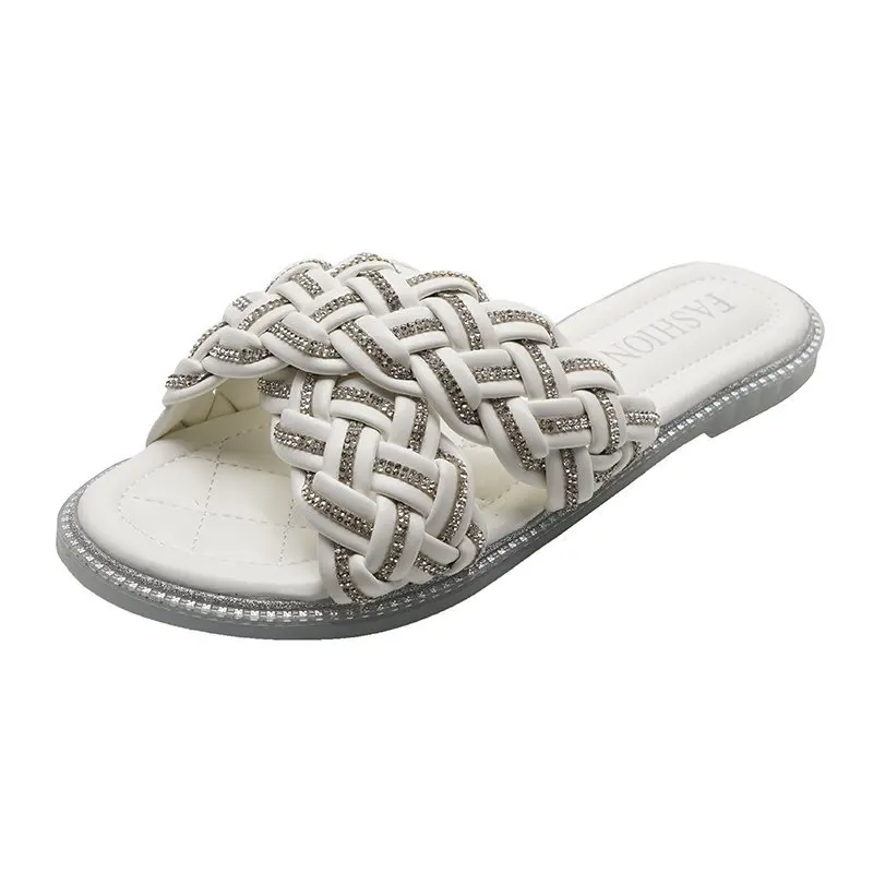 

Women cross Braided Slippers Open-toe design Crystal bottom Beach Comfortable round head Flat Sandals summer Casual Woman Shoes