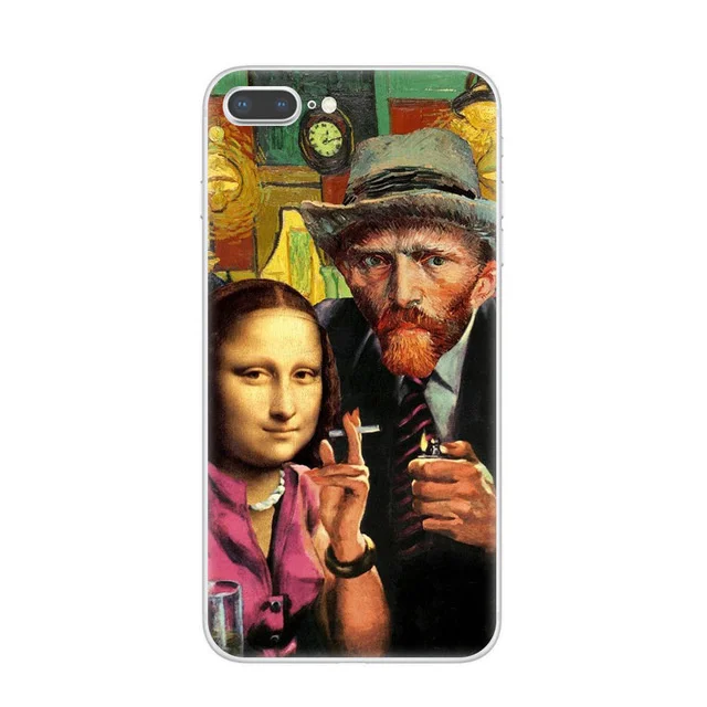 

Case For iPhone 8 Mona Lisa funny Spoof Art Cases For iPhone X XS XSMAX Van gogh Starry Soft TPU Phone Cover 5 5S 6 6S 7 8 Plus