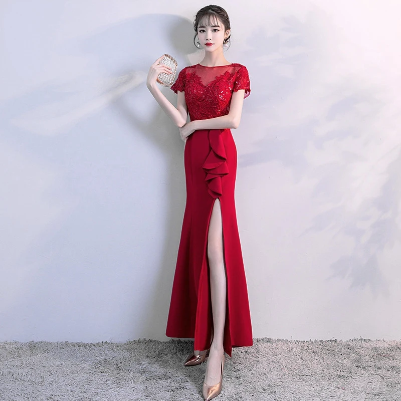 Красное платье с круглым вырезом для свадебной вечеринки Восточное женское