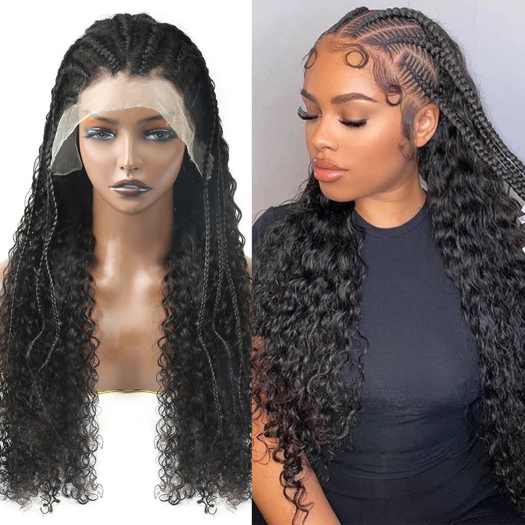 

13x4 HD Lace Frontal Wig Goddess Braid Half Braids Half Sew in Weave Curly Human Hair Wigs Preplucked Hairline Braids Hairstyles