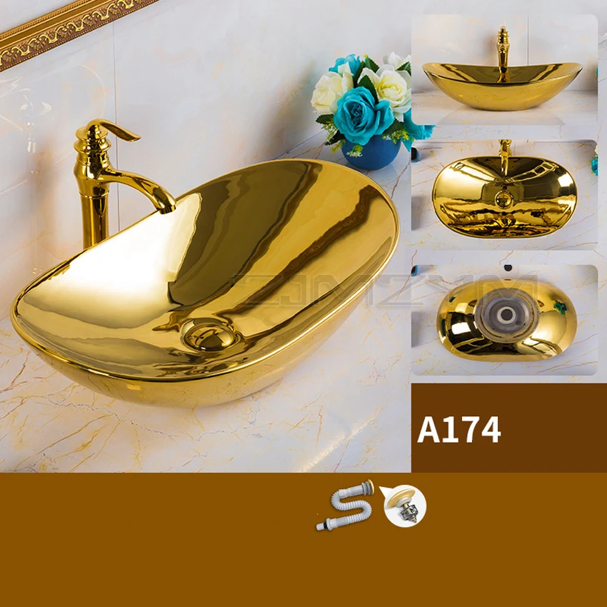 

European Ingot Countertop Wash Basin Electroplated Gold Wash Basin Bathroom Shampoo Sinks Hotel Ceramic Art Basin vessel sink