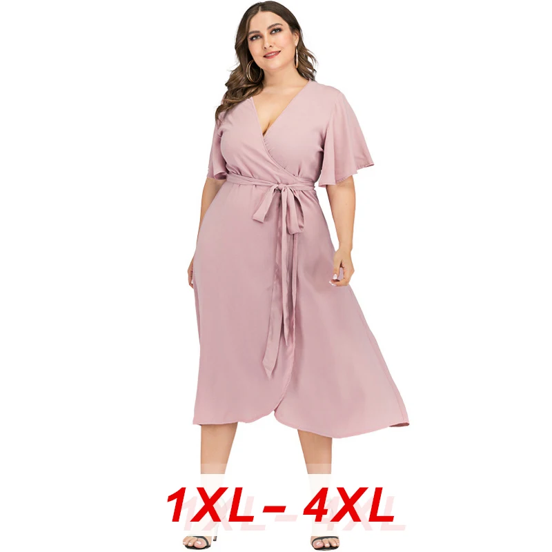 

2020 Plus Size Midi Dress for Women Large Short Sleeve Loose Casual Solid Deep V Neck Sexy Dresses Asymmetrical Wrap Dress