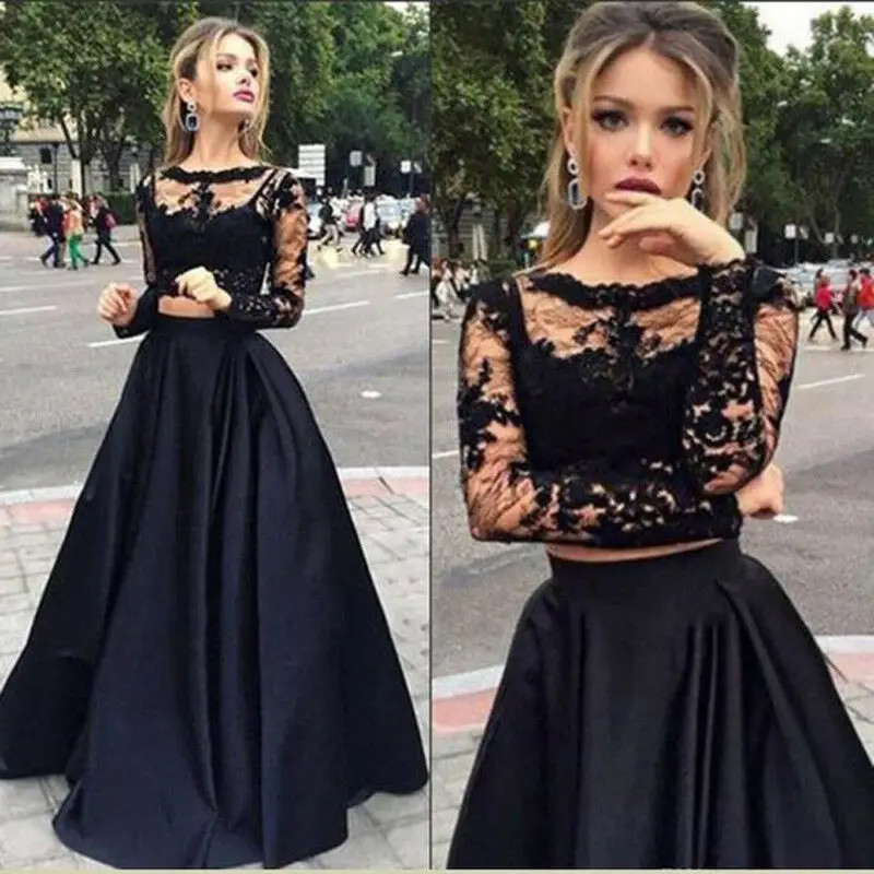 

2020 New Fashion Autumn Women Solid Black Lace Evening Party Ball Prom Gown Formal Cocktail Wedding Hollow Out Long Dress Suit