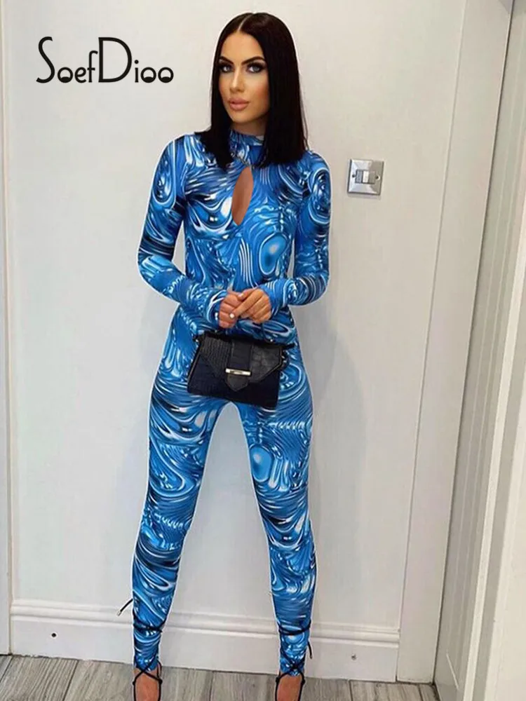 

Soefdioo Printed Long Sleeve Slim Jumpsuits Women Sexy Hollow Out Backless Overalls Autumn 2021 Fashion Party Clubwear Rompers