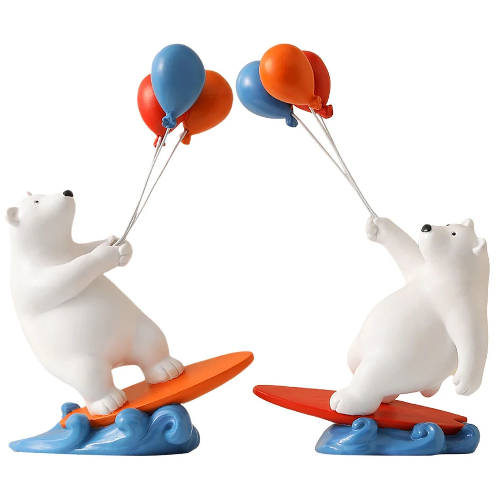 

Cartoon Cute Funny Resin Surfing Bear Holding Balloon Animal Statues Home Bookcase Abstract Sculpture Decor Dashboard Ornament