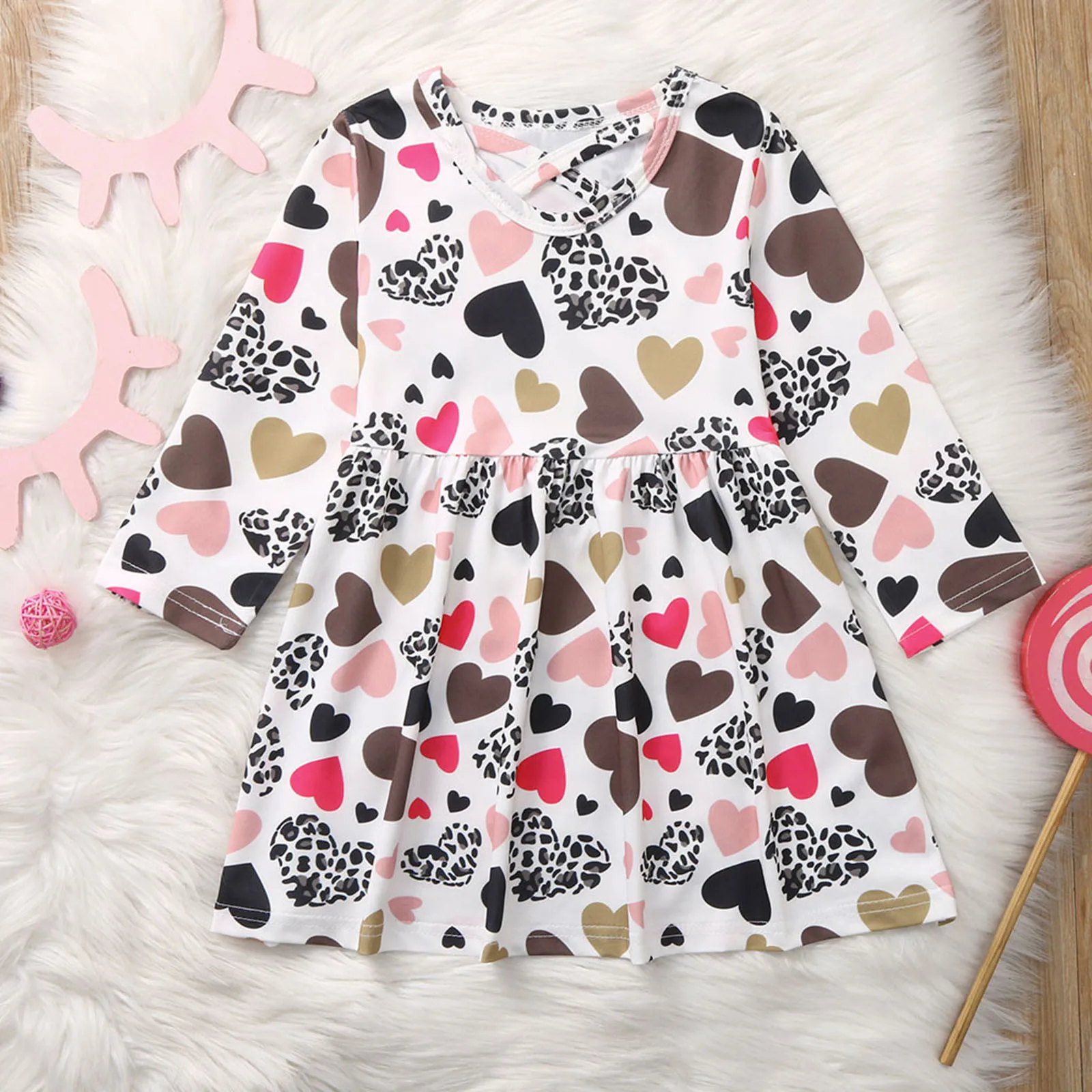 

1-5 Years Toddler Kids Girls Dress Infant Outfits Girls Long Sleeve Party Dress Heart Leopard Print Princess Dress Girl Clothing