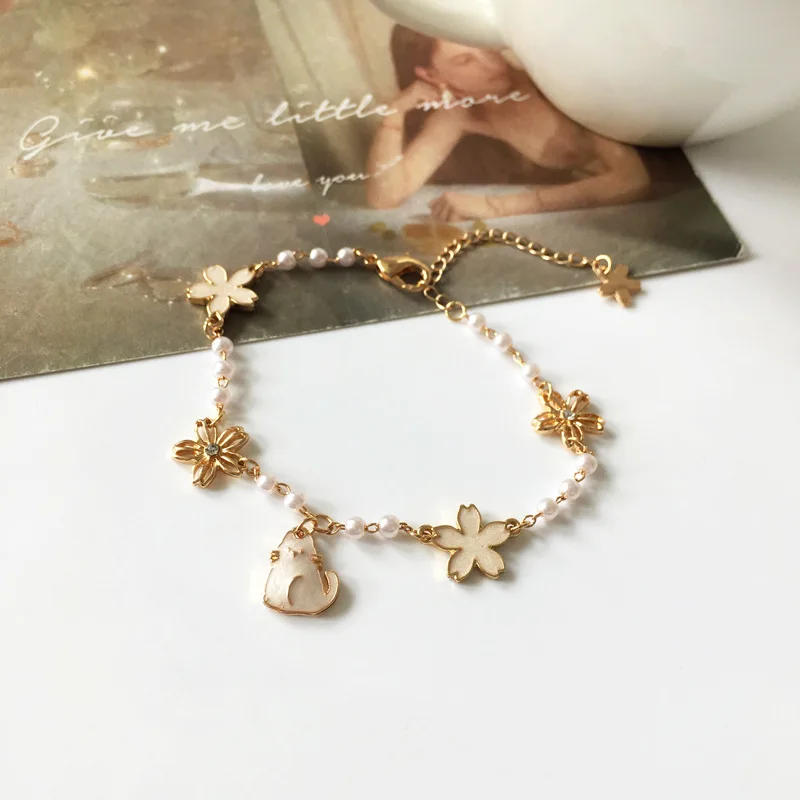 

Rhinestone Pearls Beautiful Simple Charm Bracelet Little Cat Sweet Korean Bracelets for Women