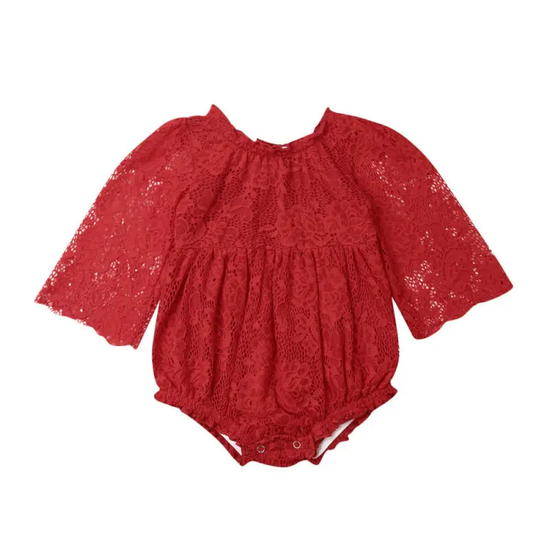 

Christmas Baby Spring Autumn Clothing Newborn Baby Girl Clothes Wide Long Sleeve Red Lace Floral Romper Pieces Outfit