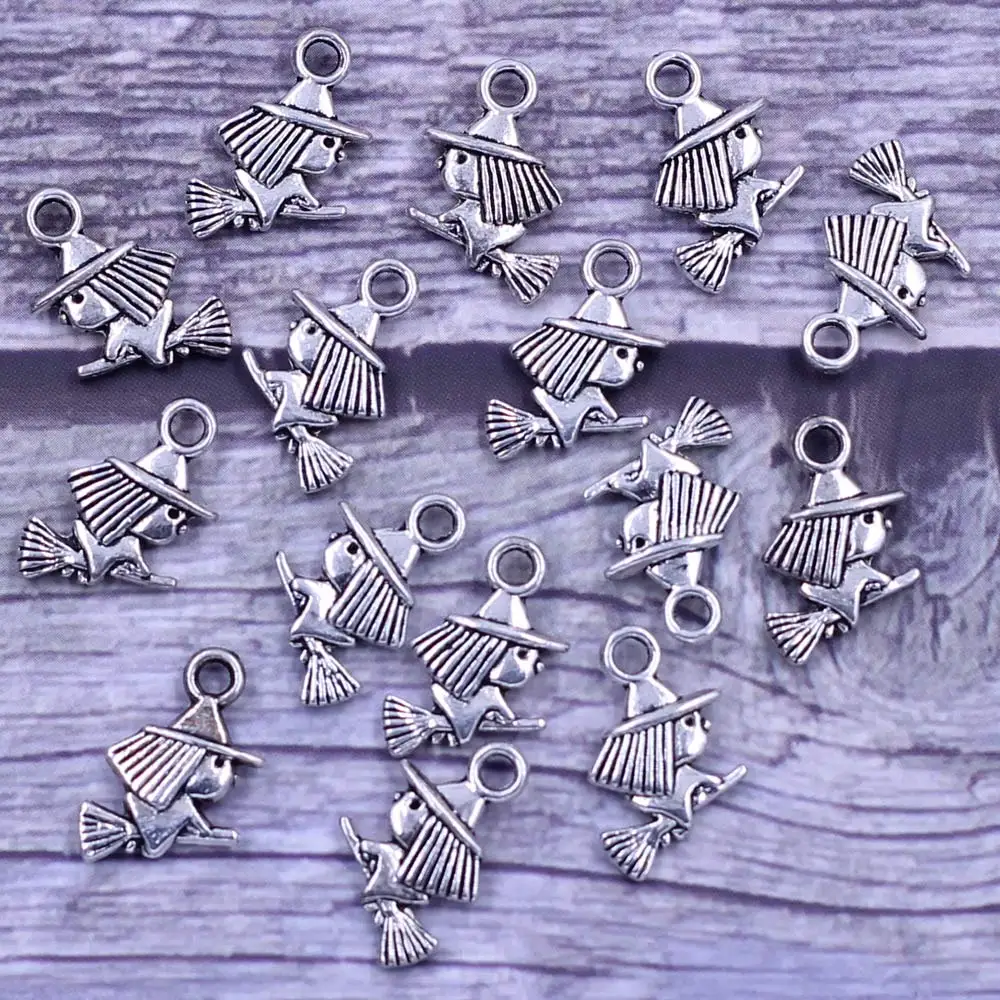 

20Pcs Pendants Wizard Witch Broom Halloween Metal Silver Tone For Charms Bracelets Jewelry DIY Making Findings 13x10mm