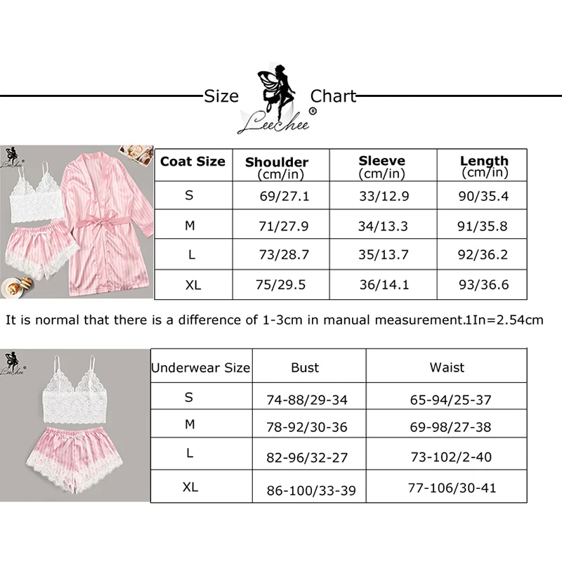

Leechee Women Robe Set Bathrobe+Top+Shorts 3 Pcs pyjamas Striped Satin Summer Sleepwear Lace Nightwear Pink Sexy Dressing gowns