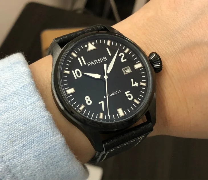 47 мм PARNIS автоматические самобветренные механические мужские часы с черным