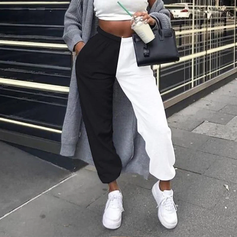 Черно белые брюки в стиле хип хоп женские повседневные спортивные штаны с