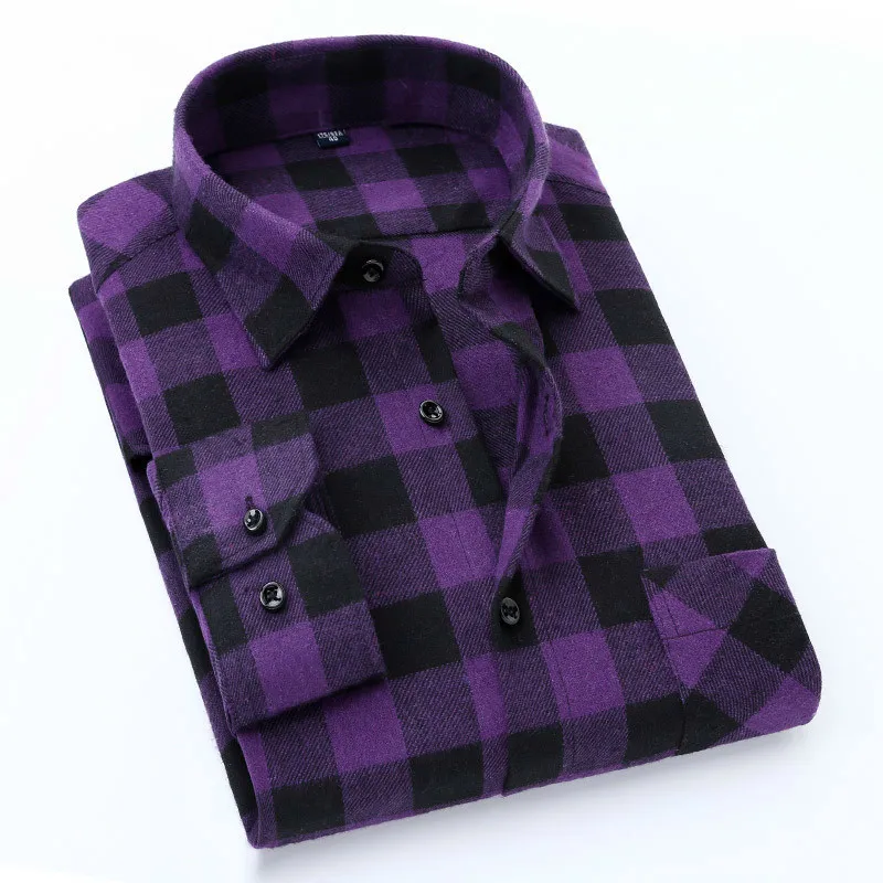 

Quality Flannel Plaid Men Shirt Cotton Spring Autumn Casual Long Sleeve Dress Shirts Soft Comfort Slim Fit Button Down Clothes
