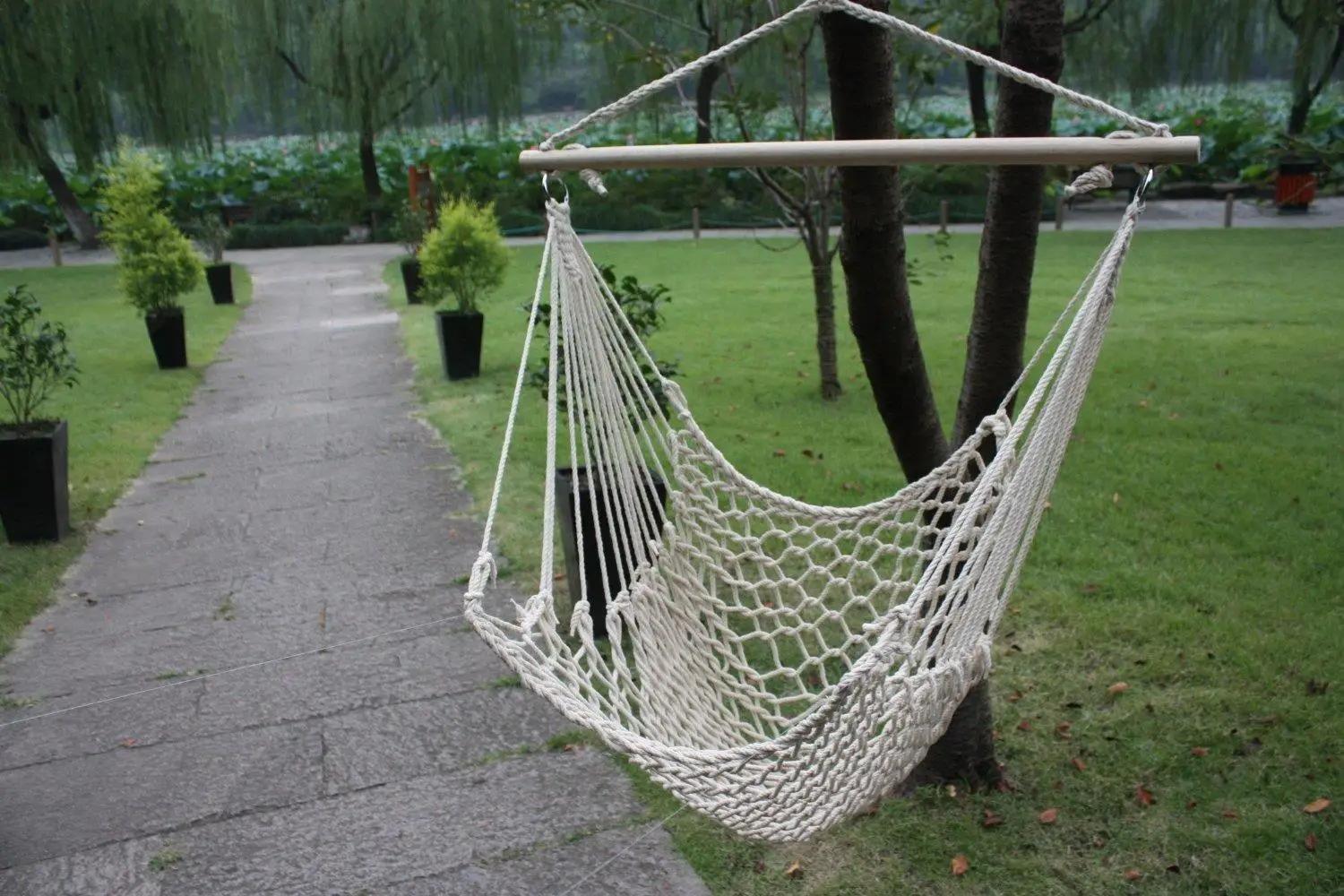 

Hammock Cotton Swing Camping Hanging Rope Chair Wooden Beige White Outdoor Patio