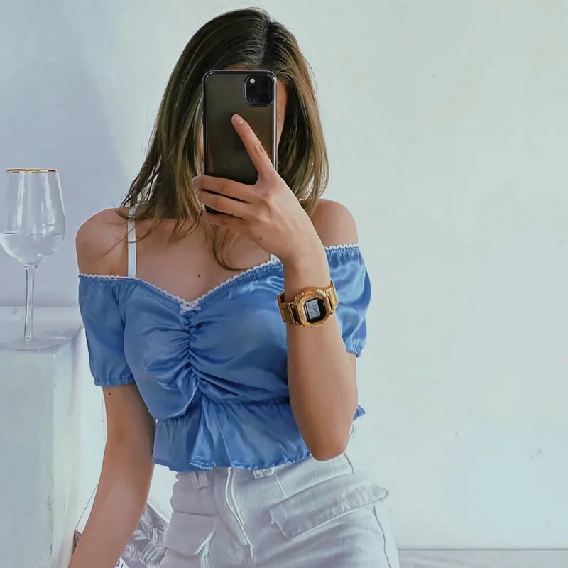 

Stylish Women Summer Bue Satin Blouse Off Shoulder White Lace Hem Design Shirring Puff Short Sleeve Spaghetti Strap Drape Top