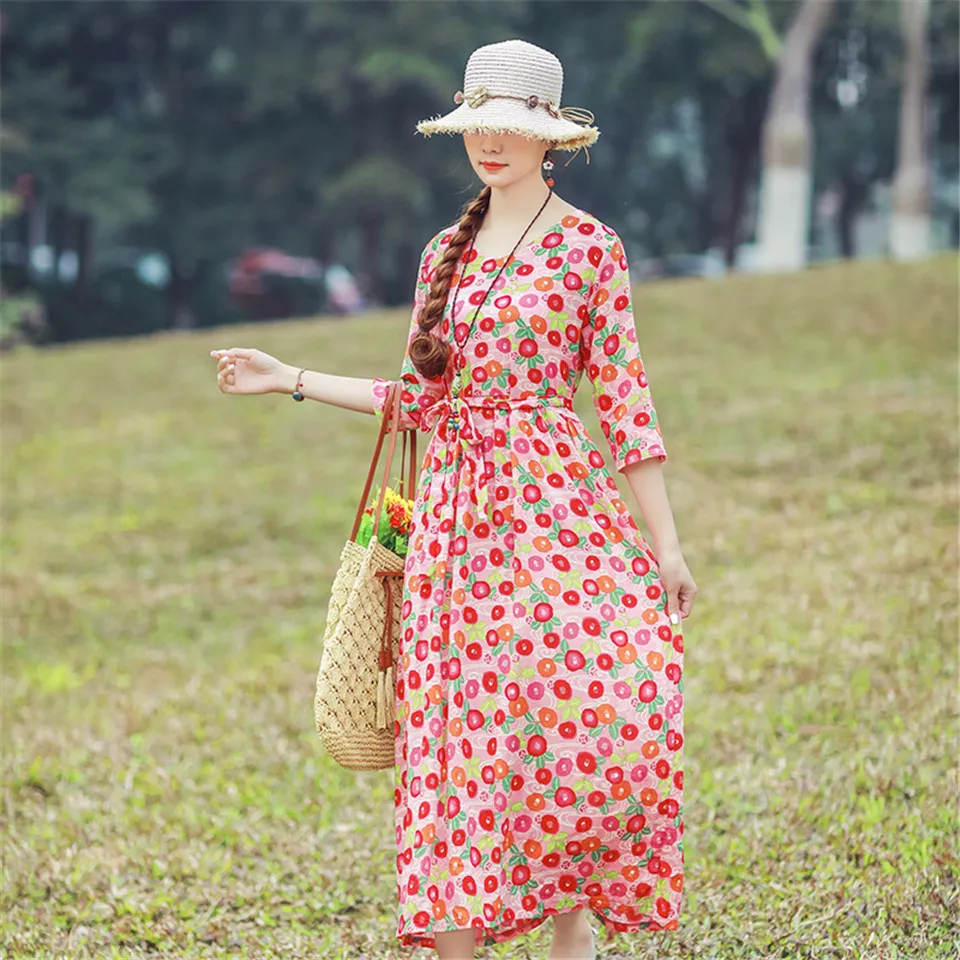 

Spring Retro Loose Cotton and Linen Drawstring Dress Women Casual Floral Printed Long Dress Elegant Collect Waist Party Dress
