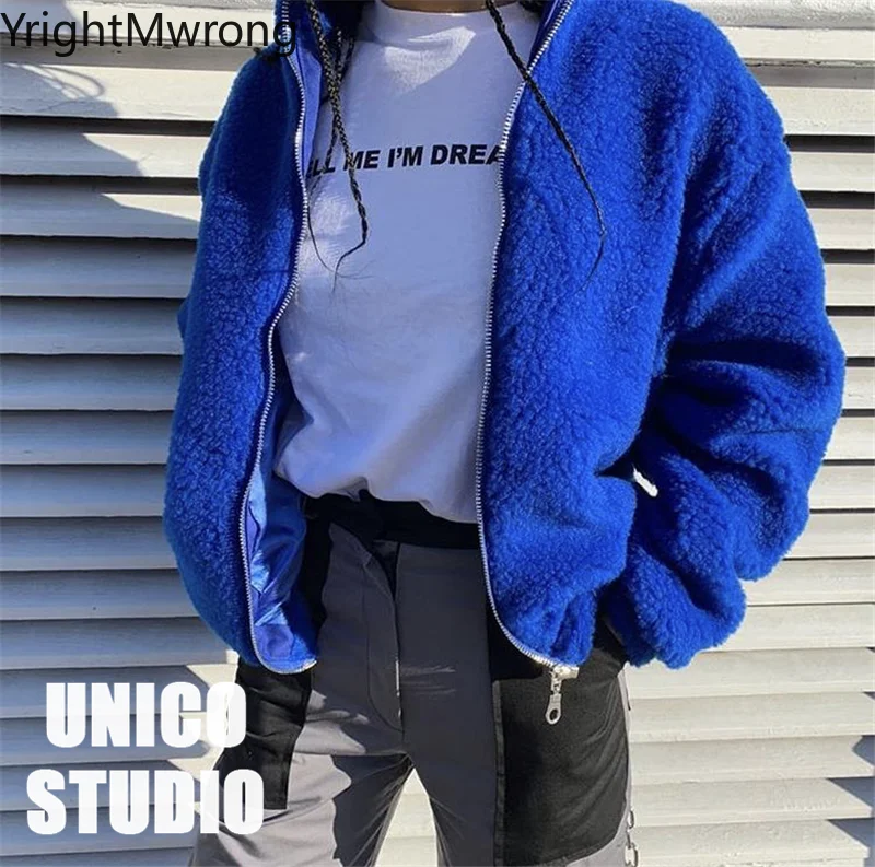 Зимняя теплая Толстая имитация овечьей шерсти плюшевая синяя модная куртка на