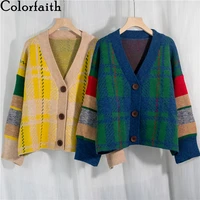 colorfaith new 2020 autumn winter womens sweaters v neck buttons cardigans checkered knitted oversize vintage tops swc1221jx