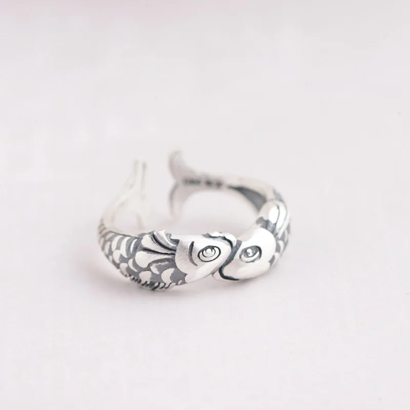

925 Sterling Silver Open Rings For Women Fashion Girl Sterling-silver-jewelry Fish Rings for Women Adjustable Size Ring