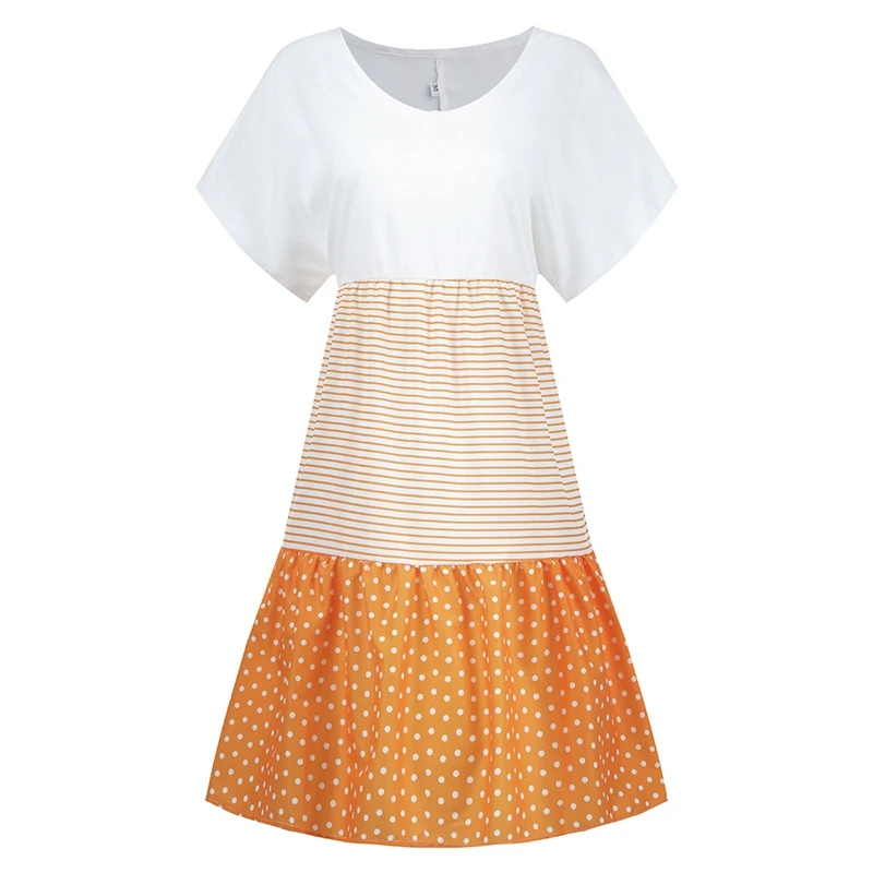 

Large Size Dress for Women Summer 2021 Casual Loose Striped Color Stitching Dot Printed Dresses Ladies Leisure V Neck Vestidos
