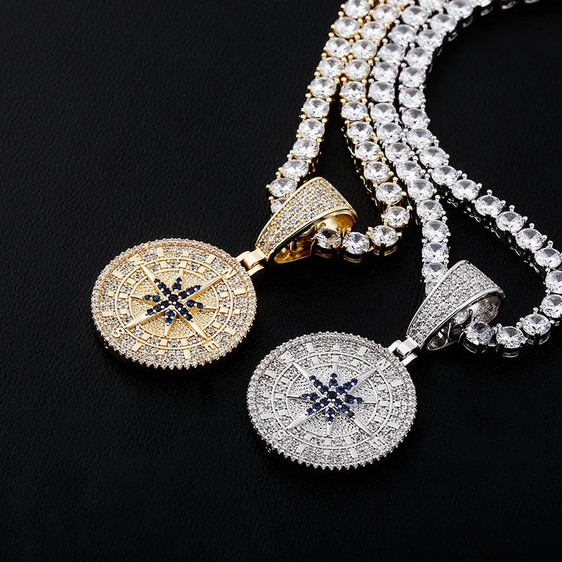 

Hip Hop Bling Ice Out Micro Paved AAA CZ Stone Cubic Zirconia Compass Pendants Necklaces Men Rapper Jewelry Party Gift