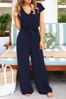 summer women v neck high waist loose casual rompers with bandage fashion backless playsuits solid colors short sleeve jumpsuits