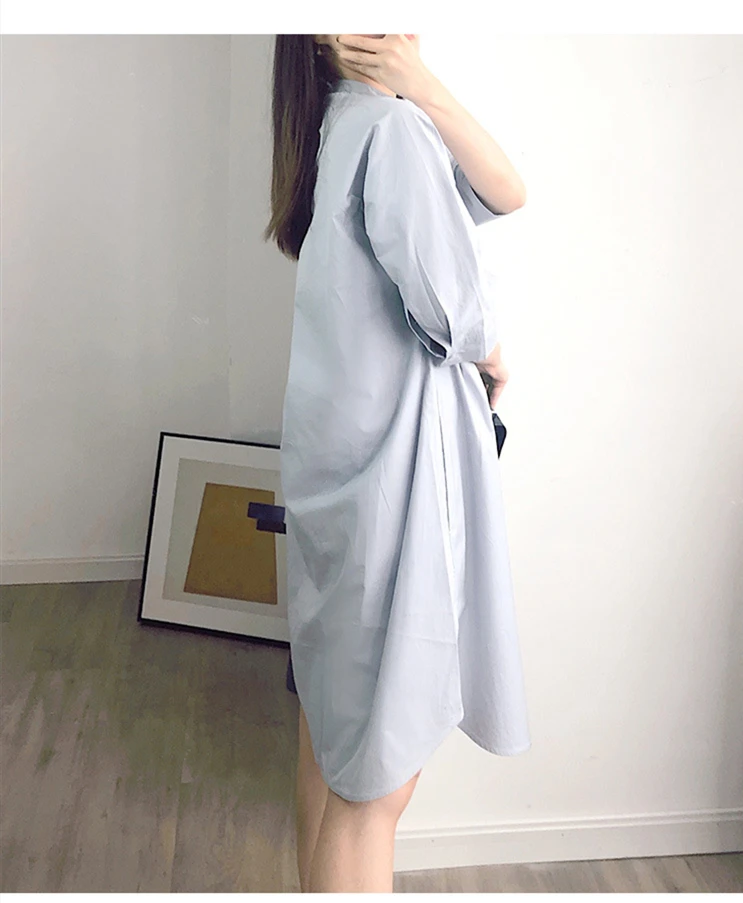 

Women's Three Quarter Sleeve Dress Stand Collar Solid Color Loose Knee-length Dress with Pockets