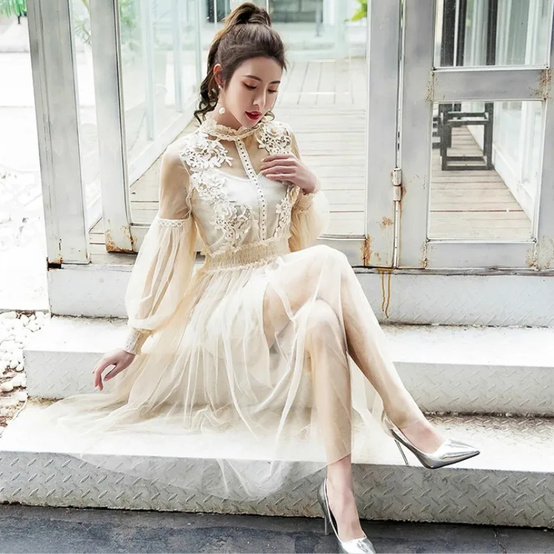 Женское Сетчатое платье с воротником-стойкой прозрачное кружевное