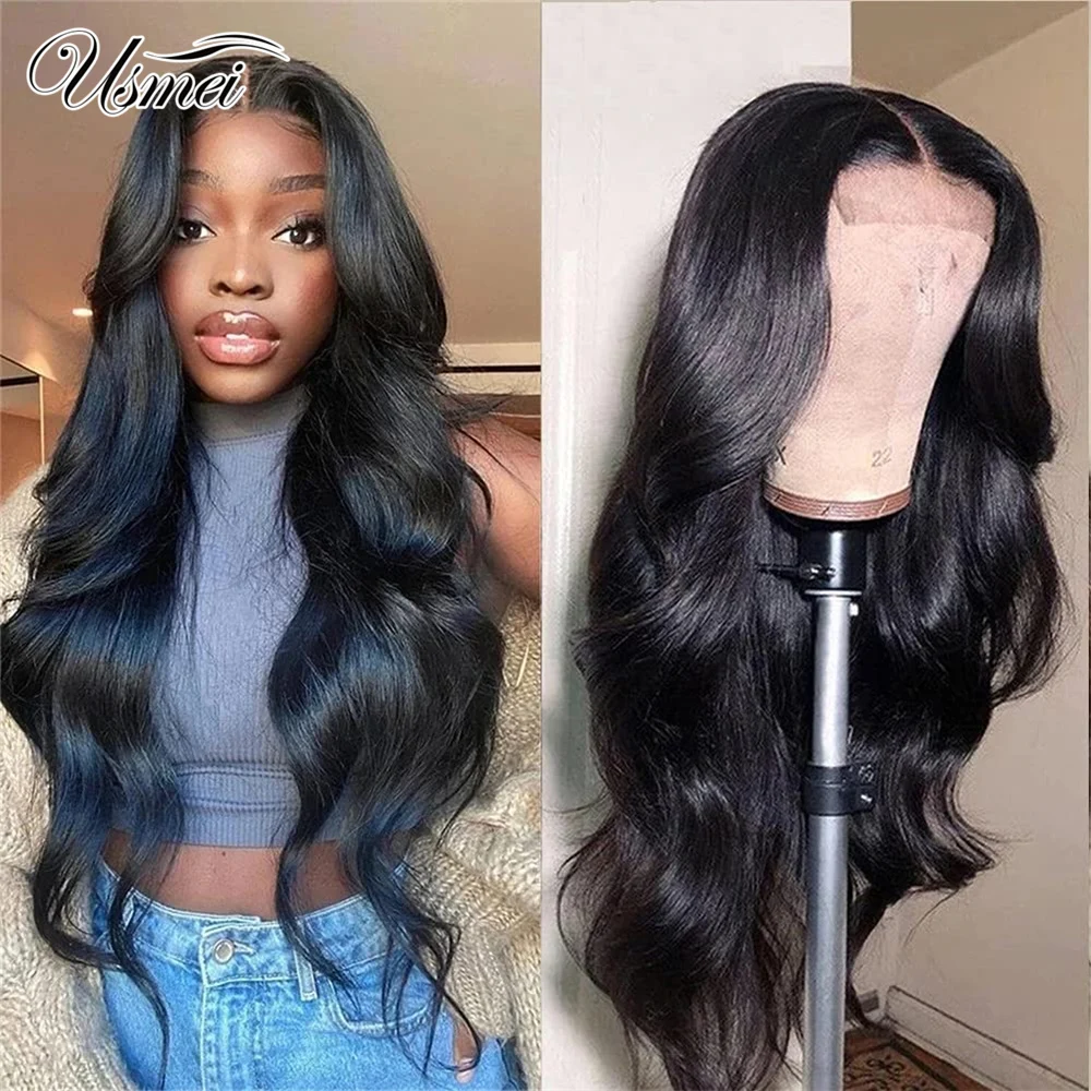 Dianteira do Laço Sintético da Onda do Corpo de Usmei Parte do Fechamento do Laço Natural com Cabelo do Bebê Peruca Glueless Perucas Pre-arrancadas Linha Fina Preto t