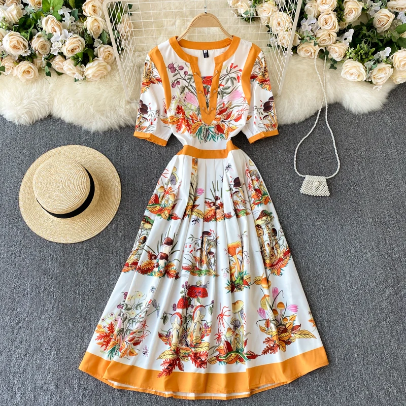 

Spring Summer 2021 Vintage Printed Short Sleeve Elegant Women's Party Dress Women's Streetwear Midi Vestidos