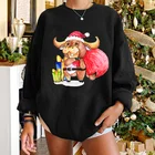 Зимний Рождественский женский свитер, милые женские свитшоты с забавным мультяшным рисунком быка, пуловеры с открытыми плечами, повседневный Топ, Женская Толстовка