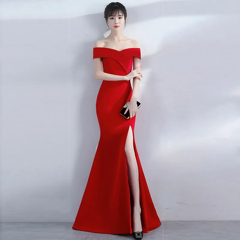 

Sexy High Split Mermaid Maxi Dress Elegant Slash Neck Bodycon Dresses Lady Special Bride Wedding Gown 2021 New Vestidos De Festa